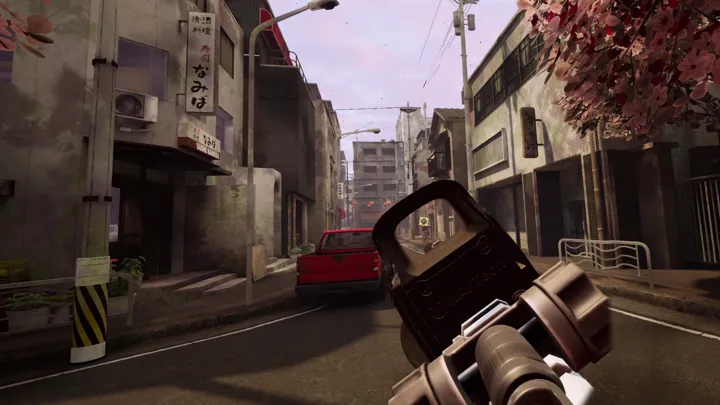 A rifle raised on a dense city street