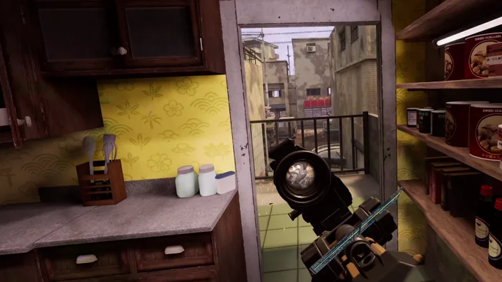 A scoped rifle inside a kitchen overlooking the street